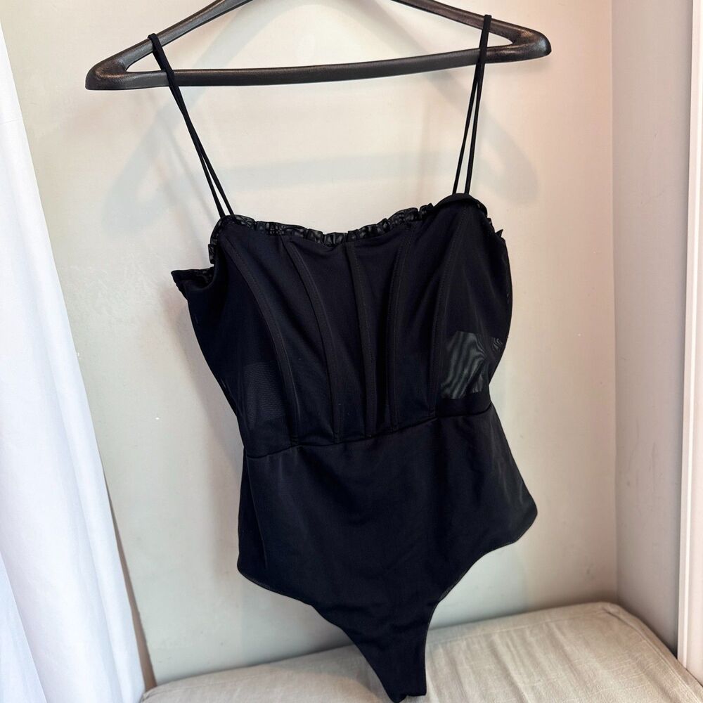 Princess Polly Women's 10 Black Bustier Bodysuit Sheer Spaghetti Strap